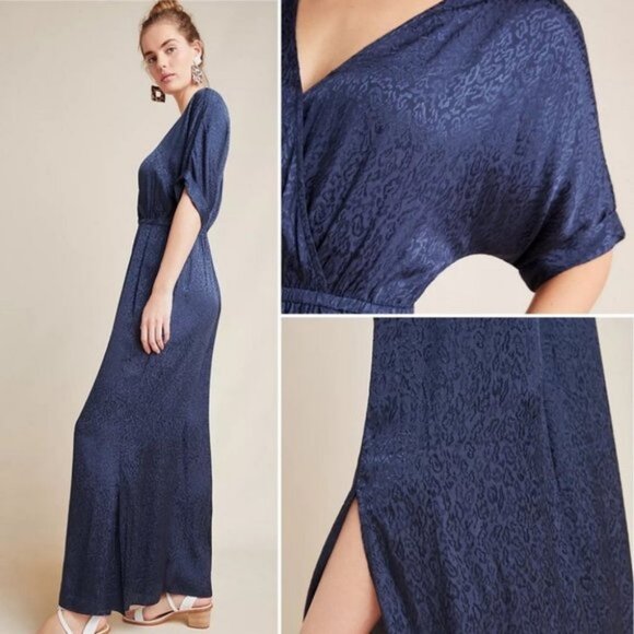 Anthropologie Maeve Jacquard Jumpsuit Blue Navy Blue Size Small Bohemian Wide S - Picture 2 of 15